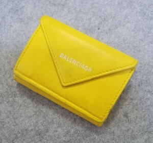 【１円スタート】BALENCIAGA バレンシアガ　ペーパーミニウォレット 三つ折り財布 391446　小銭入れ　コインケース　イエロー系 