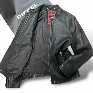 希少XL 美品☆DIESEL TIMELESS/ディーゼル タイムレス ラムレザー シングル ライダースジャケット ブルゾン 袖ワッペン 黒 ブラック 羊革