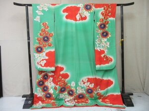 1円 良品 正絹 着物 打掛 引き振袖 和装 花嫁 衣裳 花魁 刺繍 雲 草花 菊 緑 高級 袷 身丈171cm 裄67cm ◆逸品◆【夢職】★★★★