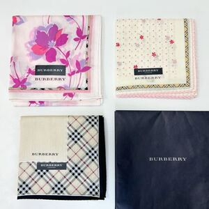 ☆未使用-シール付き☆ ◆BURBERRY バーバリー　ハンカチ　3点セット◆　ノバチェック　花柄　ピンク　綿100％ 【送料無料】0617A