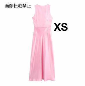 pink vintage ヴィンテージ レトロ サテン ロング ノースリーブ ワンピース XSサイズ レディース★ZARA 好きな方に★早秋新作 新品未使用★