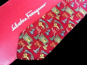 ♪今週の特売980円～♪3096♪良品【FERRAGAMO】フェラガモ【人 ライオン 動物 旗 フラッグ 柄】ネクタイ♪