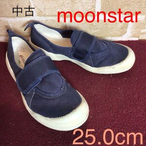 【売り切り!送料無料!】A-336 moonstar!スリッポン!ネイビー!25.0cm!マジックテープ式!履きやすい!着脱楽!中古!