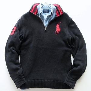 【POLO RALPH LAUREN ポロ ラルフ ローレン / USA】90s~00s ビッグポニー ナンバリング ハーフジップ コットンニット セーター!!