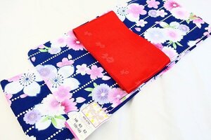 【着物フィ】未使用品 浴衣 半幅帯 2点セット 身丈140cm 紺 桜 菊 レディース 可愛い 16299