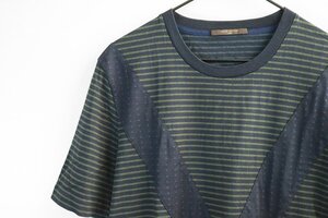 LOUIS VUITTON ◆ V切替 ボーダー Tシャツ (ネイビー/グリーン XXL) 半袖 カットソー イタリア製 国内正規品 ルイヴィトン ◆MU13