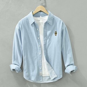 ☆新品 デニムシャツ 長袖シャツ ウエスタンシャツ 春秋服 シャツジャケット メンズ トップス コットン ライトブルー 3XL