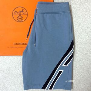 国内正規品 22ss～ 美品 M（〜L） Hermes エルメス ハーフ ショート コットン スウェット パンツ ＜ランH＞ ブルー系 ショッパー