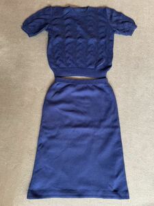 機械編み　ハンドメイド　ニット　セットアップ　ブルー　半袖セーター　スカート　アンサンブル　Mサイズ