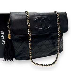 1円 美品 CHANEL シャネル マトラッセ ラムスキン フリンジ ココマーク フラップ チェーン ショルダー ショルダー バッグ 黒 ゴールド金具