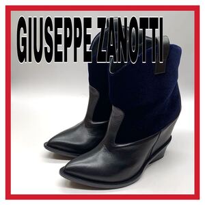 レディース GIUSEPPE ZANOTTI DESIGN（ジュゼッペザノッティデザイン) ショートブーツ インヒール レザー ベロア ブラック 38.5 シューズ