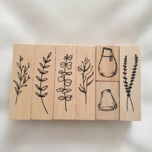 【迅速発送】木製　長方形　草花　ガラス瓶　スタンプ　7個セット　タイプ②