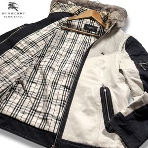 Lサイズ●バーバリーブラックレーベル 羊革 デニム切替　中綿 パーカー ジャケット BURBERRY BLACK LABEL ファー ホースロゴ ノバチェック