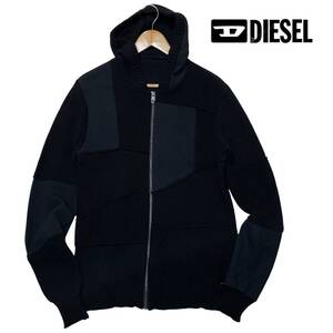  1円〜 DIESEL ディーゼル スウェット生地切替 パッチワーク ウール80% ニットパーカー Sサイズ