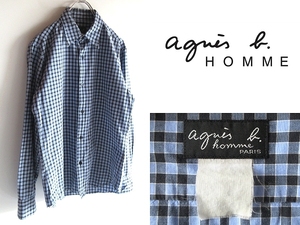 希少 90sビンテージ agnes b. homme アニエスベーオム コットン チェックシャツ Sサイズ程度 ブルー ブラック 青 黒 日本製 ネコポス対応