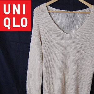 ユニクロ UNIQLO■Vネックセーター ポリエステル×綿■L■ベージュ系 ※IW4412111