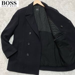 美品/XXL相当◆ヒューゴボス カシミヤ混 ピーコート Pコート HUGO BOSS ダブル ジャケット 近年 ウール 大きいサイズ ブラック 黒 (54)