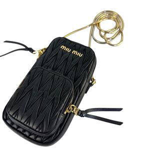 1円 【希少】 miu miu ミュウミュウ ショルダーバッグ マテラッセ チェーン ロゴ金具 ポーチ ポシェット レザー 黒 ブラック 斜め掛け