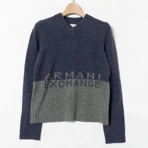 ARMANI EXCHANGE アルマーニエクスチェンジ Vネック長袖セーター ニット ウール100％ ブランドロゴ カジュアル 青×灰色 S レディース