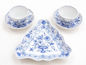 2406-0053●宝市/マイセン/ブルーオニオン/カップ&ソーサー/トライアングルプレート/3点組/MEISSEN(梱包サイズ80)