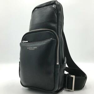 美品ブラックレーベルクレストブリッジ BLACK LABEL CRESTBRIDGE メンズ ビジネス ボディバッグ ショルダー レザー ブラック 黒 斜め掛け