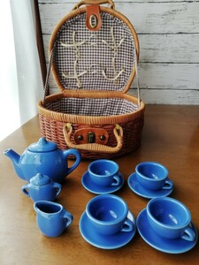 陶器製 おままごと セット ミニチュア ティーセット バスケット ポット カップ&ソーサー ミルク basket miniature tea set 送料込み