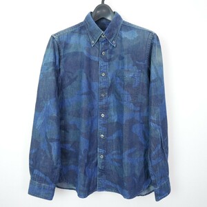 16SS SOPHNET. ソフネット CAMOUFLAGE DENIM B.D SHIRT 長袖 ユーズド加工 カモフラ 迷彩 プリント デニム ボタンダウンシャツ INDIGO S