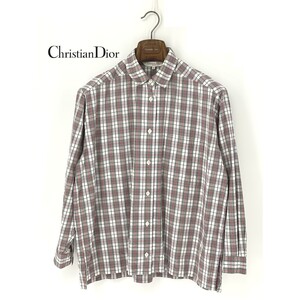 B0025/ビンテージ 80s 90s 極美品 Christian Dior クリスチャンディオール コットン チェック 長袖 カジュアル Yシャツ M 赤 レディース