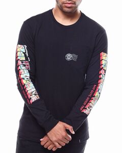 USA正規品 【L】 HUF ハフ ワールドワイド 長袖 Ｔシャツ ポケット付 ロンＴ 黒 ブラック GREETINGS 両袖デザイン アメコミ 西海岸