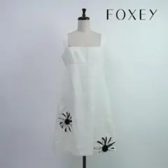 美品 FOXEY リネン ポイント花刺繍ワンピース 白 サイズ42*QC702