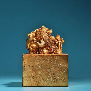 【仁】『銅製・塗金・獅子印章・置物・賞物』極細工 古賞物 中国古玩 古美術 古美味
