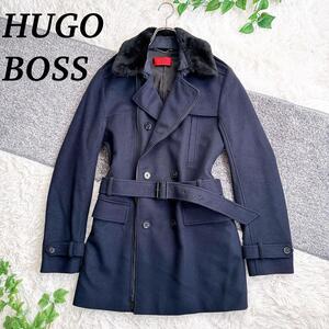 美品　HUGO BOSS　ヒューゴボス　2way トレンチコート　カシミヤ　メンズ　48 ネイビー　ボア付　着脱可能　ベルト付