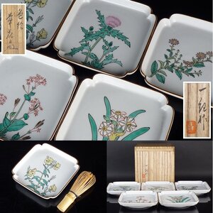 【扇屋】森一紀 作「色絵 草花文皿」5客 共箱 幅 約14cm 高さ 約2.5cm 絵替り 角皿 小皿 銘々皿 和食器 菓子皿 菓子器 K-1