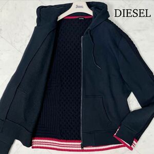 極美品/XL相当★ ディーゼル DIESEL ケーブルニット切替 ジップ パーカー フード ジャケット 大きいサイズ スウェット ブラック 黒 メンズ