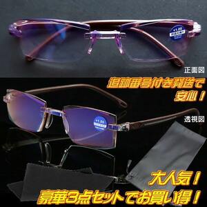 +1.5 茶 遠近両用タイプ ブルーライトカット老眼鏡 知的＆クール 高級感リムレスメガネ カットレンズ ツーポイント男性用女性用 送料無料