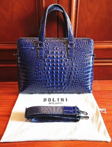 最高級逸品20万◆イタリア・ミラノ発*BOLINI/ボリニ・最上級牛革・クロコダイル*ビジネスバック/ブリーフケース・紺