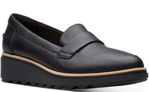 送料無料 Clarks 24cm ウエッジ ローファー パンプス ブラック 黒 厚底 フラット ヒール レザー 革 フォーマル スニーカー バレエ ST82