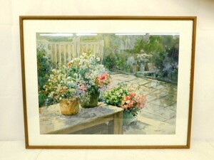 M813★絵画 花 自然 庭 水彩画 サインあり インテリア アート アンティーク 額付き 植物 花 玄関 リビング★送料1580円〜