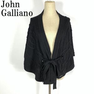 LA9657 ジョンガリアーノ ウールポンチョ 黒 カシミヤアンゴラ混John Galliano ブラック ウエストリボン紐付き フリーサイズ