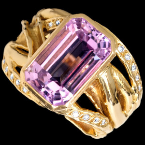 B3564 美しい大粒クンツァイト９．２２ct 天然上質ダイヤモンド 最高級18金無垢ユニセックスリング