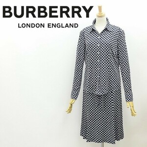 国内正規品◆BURBERRY LONDON バーバリーロンドン シルク100％ 総柄 シャツ＆リボンベルト付 スカート セットアップ ネイビー×ホワイト 40