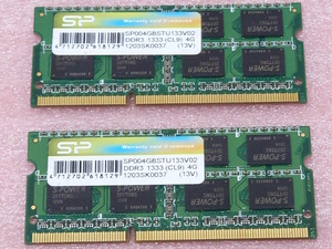 □SiliconPower SP004GBSTU133V02 2枚セット - PC3-10600S/DDR3-1333 204Pin DDR3 S.O.DIMM 8GB(4GB x2) 動作品