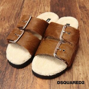 1円/DSQUARED2/42(27-27.5cm)/フラット サンダル FSM0054 ハラコ レザー 中敷ボア あたたか 保温 イタリア製 新品/茶色/ブラウン/hd844/