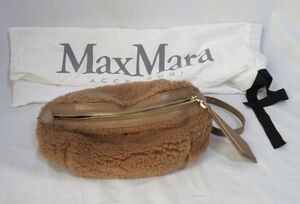 管0758 【美品】MaxMara マックスマーラ テディベア ボア×レザー チェーン ウエストポーチ ショルダー レディース ブラウン系