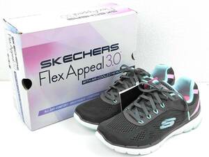 【左右サイズ違い】SKECHERS FLEX APPEAL 3.0 クッション性◎ ニットメッシュスニーカー 左22.5cm 右23.5cm チャコール 定価8250円【1149】