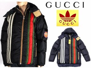 72万新品◆50=L◆グッチ GUCCI×adidas コラボ 3本線×Web Stripe 袖取り外し可能2wayダウンジャケット・ベスト 紺 1円