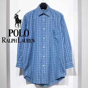 S / 90S POLO RALPH LAUREN ポロ ラルフローレン MARLOWE マーロウ 青 チェック柄 胸ポケット 長袖シャツ ビッグシルエット 薄手 希少