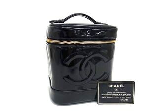 1円 ■美品■ CHANEL シャネル ココマーク パテントレザー バニティバッグ マルチケース 小物入れ レディース ブラック系 FE4775