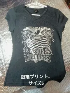 レディス、銀箔プリント、TREASURES.Tシャツ綿素材、袖無,サイズS