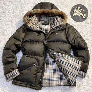 希少L!!! バーバリーブラックレーベル BURBERRY BLACK LABEL ダウンジャケット 3way 肉厚 ノバチェック ラビットファー 極暖 カーキ メンズ